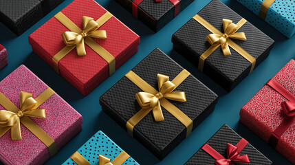 Gifts in black boxes with ribbon for Black Friday and Cyber Monday seasonal sale banner