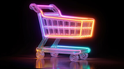 Glowing neon shopping cart on digital keyboard for online shopping and ecommerce promotion