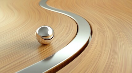 Reflective sphere gliding along polished metallic channel set into wooden waves, sleek interface metaphor for interaction and motion, modern minimalist aesthetic, tactile contrast between metal