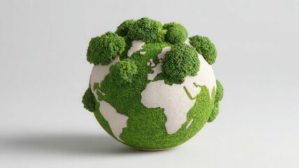 Planet earth made of plant based foods, featuring broccoli and herbs, symbolizing health and global sustainability
