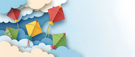 Makar Sankranti Colorful Paper Cut Kites In Clouds