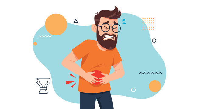 Man with a beard and glasses suffering from severe stomach pain, holding his abdomen with a pained expression.