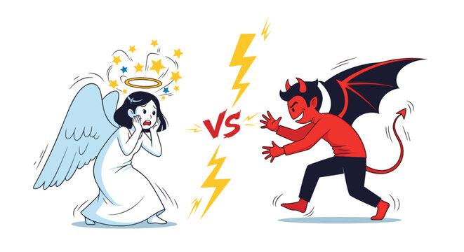 Good versus evil concept with a cute angel and a mischievous devil facing off in a versus battle illustration.