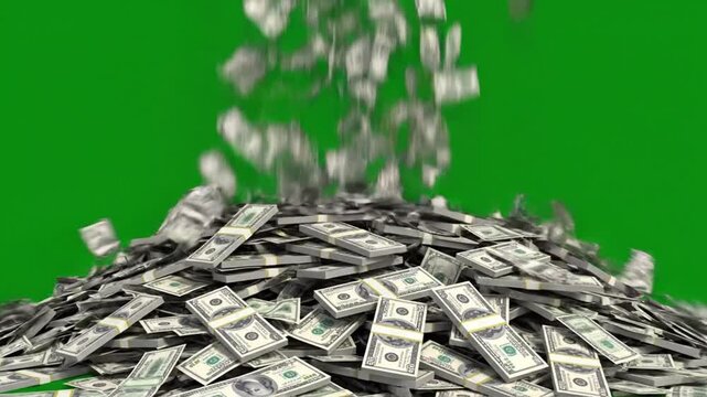 Money raining down on a pile of cash, green background