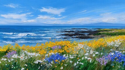 Vibrant wildflowers painting a colorful foreground against the textured blue ocean and shoreline, coastal beauty capturing rocky