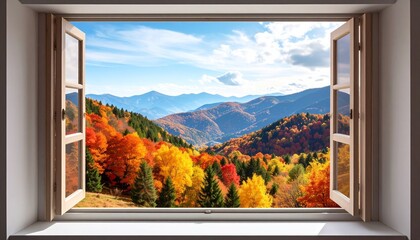 Mountain Landscape with Autumn Trees Framed by Wooden Window Under Sunlit Sky and Majestic Peaks