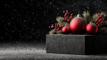 Square social media background with black podium red ornaments pine branches and snowflakes