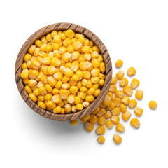 Delicious yellow corn kernels spilling from a rustic wooden bowl isolated