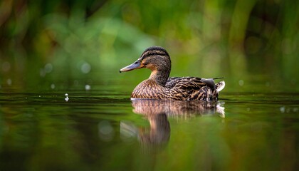 Duck Swimming on Calm Lake with Golden Hour Reflection and Lush Green Natural Surroundings