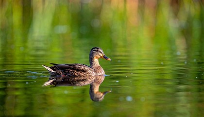 Duck Swimming on Calm Lake with Golden Hour Reflection and Lush Green Natural Surroundings