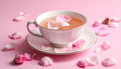 Porcelain Teacup with Floating Pink Rose Petals and Floral Gold Trim in Romantic Setting