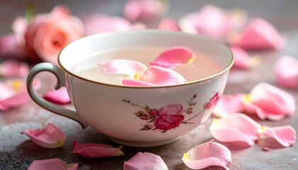 Porcelain Teacup with Floating Pink Rose Petals and Floral Gold Trim in Romantic Setting
