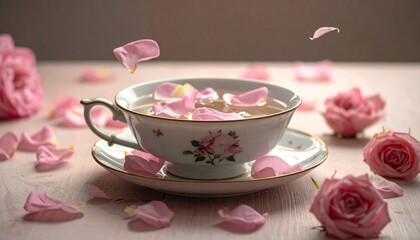 Porcelain Teacup with Floating Pink Rose Petals and Floral Gold Trim in Romantic Setting