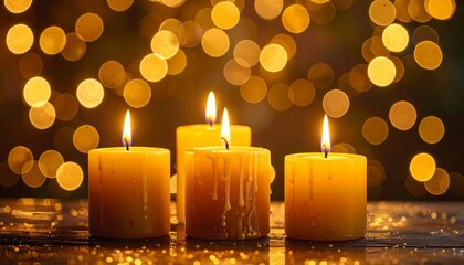 Row of Lit Yellow Candles with Golden Bokeh Lights Creating Festive and Cozy Atmosphere