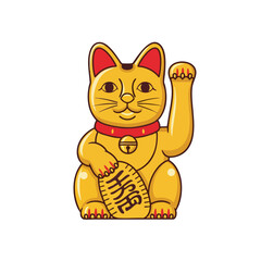 Obraz premium A golden cat figurine with a raised paw, holding an item with Japanese writing
