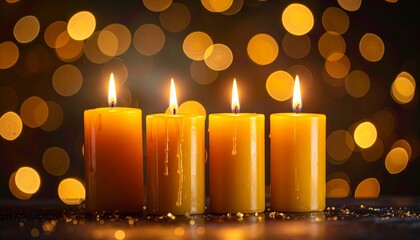Row of Lit Yellow Candles with Golden Bokeh Lights Creating Festive and Cozy Atmosphere
