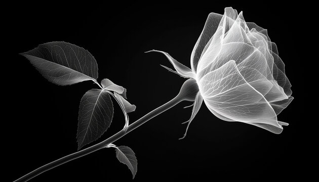 Single rose in x ray photography showing its delicate skeletal structure. ethereal translucent petal reveal fragile beauty on stark black