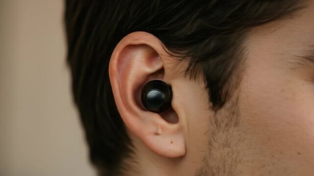 Close-up of a man using Bluetooth headphones, representing wireless audio technology, convenience, and modern lifestyle.