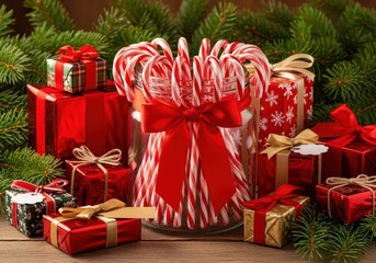 Festive candy cane arrangement with gift boxes and evergreen branches for holiday celebration