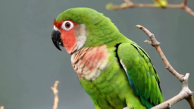 Sharp ultra HD 4K close up of green rosy faced lovebird perched delicately on twig against neutral gray background highlighting colorful feathers exotic birds wildlife 