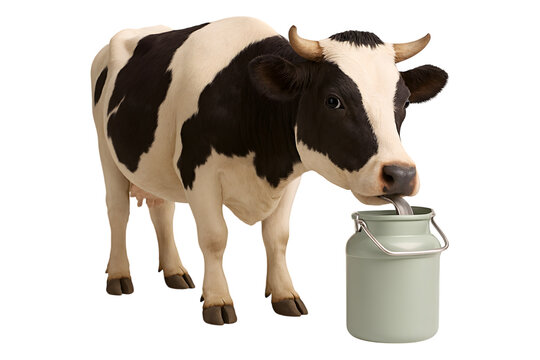 A holstein cow curiously exploring a traditional milk can with its tongue isolated on transparent background