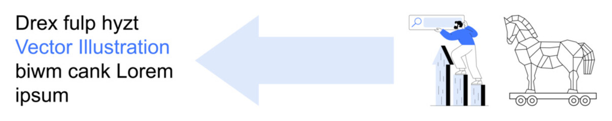 Cybersecurity, data protection, online threats, digital deception, Trojan malware, technology security. Trojan horse and person reviewing data. Cybersecurity and data protection