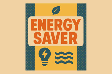 Naklejka premium Retro Energy Poster. Energy Saver ? Retro Poster; bold rounded headline, centered poster layout with halftone side panels; soft drop shadow; background: warm