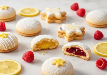Assorted citrus and berry filled cookies with fresh raspberries on marble surface