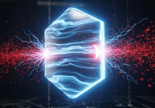 Futuristic Digital Energy Core with Red and Blue Data Streams Showing Cyber Security and Technology Power Concept - Powered by Adobe
