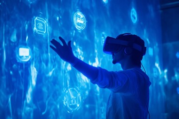 Young male exploring virtual reality with futuristic interface