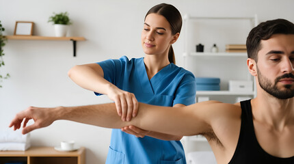 Fototapeta premium Massage therapist gently stretching client's arm in a relaxing therapy setting 