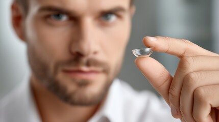 Man holding contact lens for vision correction