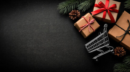 Black friday and boxing day composition with gift box shopping cart and bag top view scene