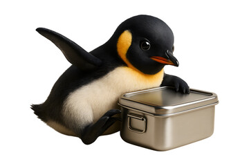 A curious baby penguin chick with soft black and yellow feathers exploring a shiny metallic box isolated on transparent background