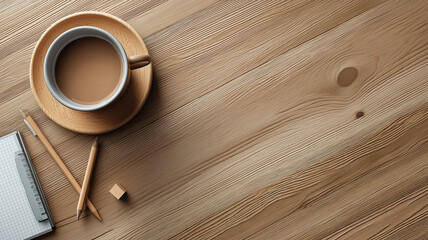Wooden desk workspace with coffee cup laptop and accessories for productive office setup