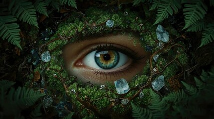 Fantasy human eye macro with green iris and glowing leaf forest reflection, nature-inspired magical iris conceptual digital art