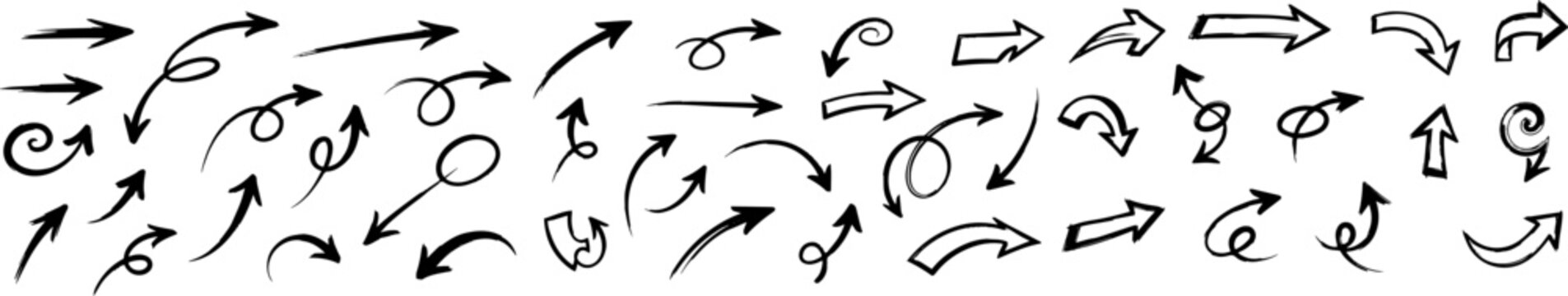 Large collection of hand drawn vector arrows. Sketch doodle direction pointers. Grunge black scribbles for infographic design.