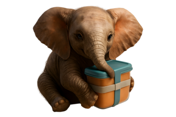 A charming baby elephant holds a colorful bento box, ready for a delightful meal isolated on transparent background