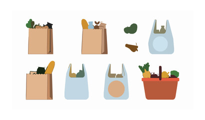 Flat shopping bags and baskets grocery set vector illustration on white background