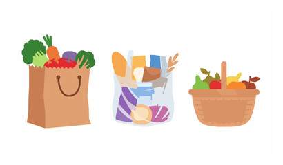 Rounded grocery and department store bags with baskets flat vector illustration set