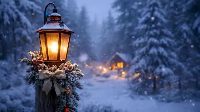 Warm lantern glowing along snowy forest path at winter dusk with pine trees soft snowfall and cozy holiday atmosphere