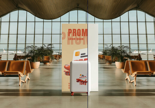Airport Poster and Luggage Mockup in Terminal Hall