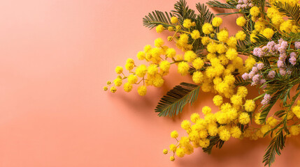 Mimosa Flowers on Soft Pastel Background with Copy Space