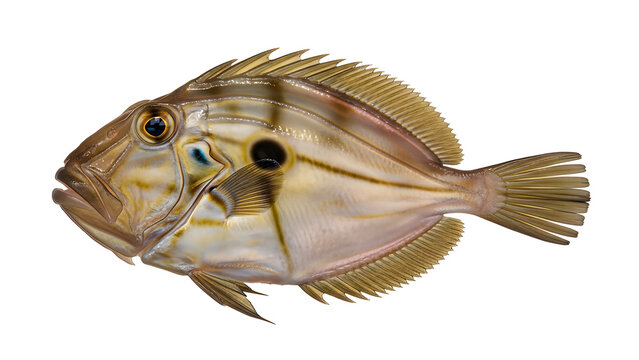 John Dory fish with flattened body and metallic tones, captured in professional studio quality. Isolated on White background