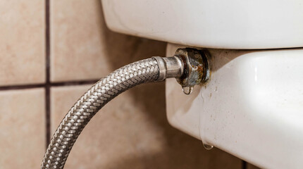 Leaking flexible water hose on toilet plumbing emergency repair maintenance house damage accident flood insurance claim professional plumber service background