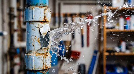 Broken plastic pipe fitting leaking water plumbing emergency repair maintenance house damage accident flood insurance claim plumber service background