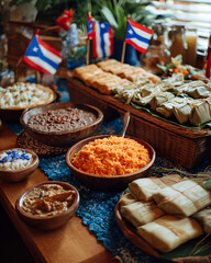 Vibrant Puerto Rican cuisine spread with traditional dishes and flags