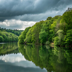 A beautiful summer landscape view of a green forest river and park lake with blue sky reflections on the water and trees under white clouds