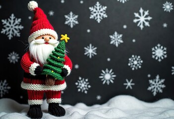 Knitting merry Christmas and Happy New Year horizontal banner. Cute Knitted Santa Claus with Knitted Christmas tree on black background with empty space for text. Perfect ads holiday banner 