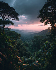 Tropical forest landscape with lush greenery at sunset